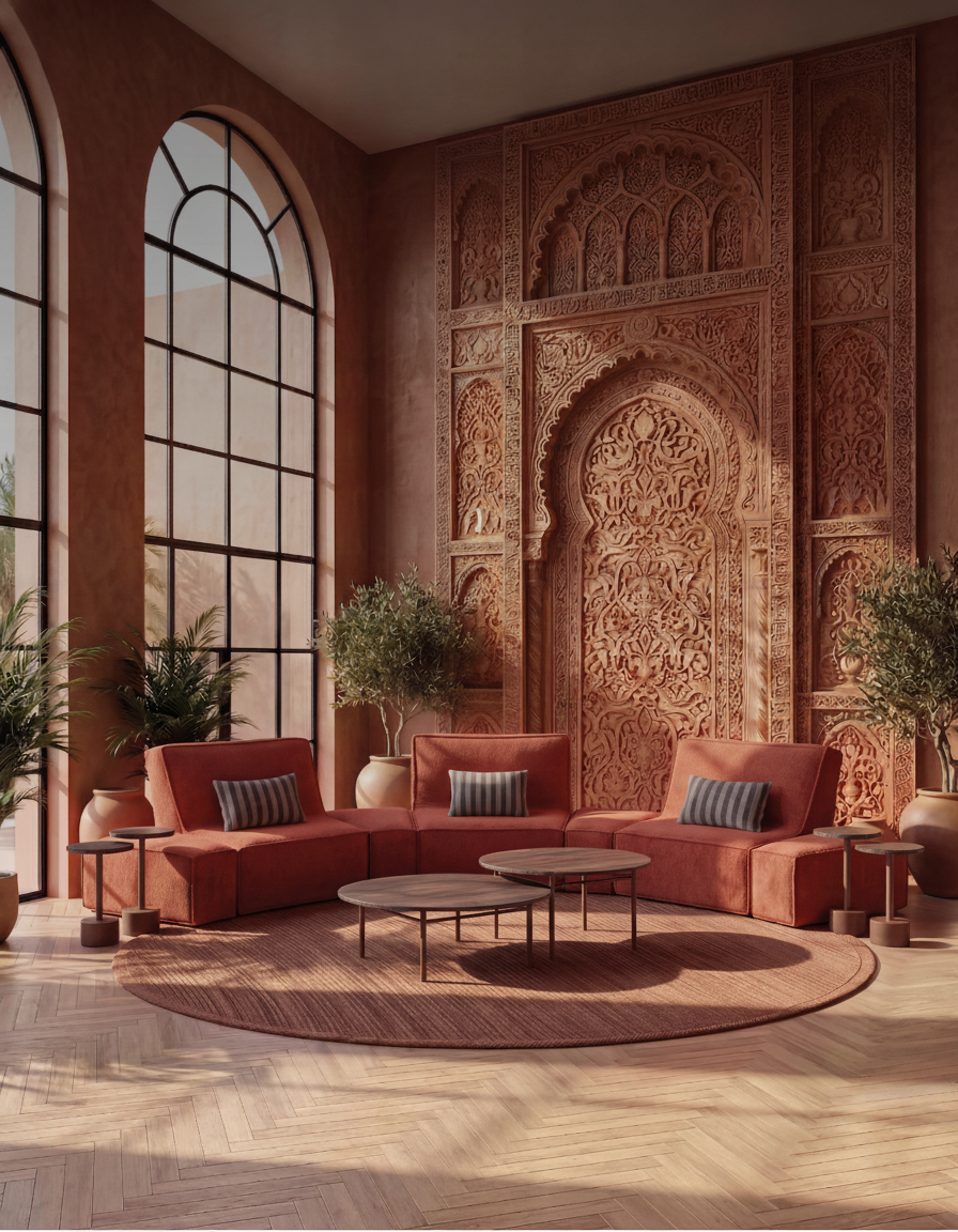 Sofá modular da Coleção Soft em tecido terracota, num estar interno amplo
