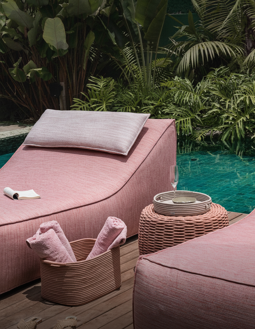 Espreguiçadeira da Coleção Soft em tecido rosé à beira da piscina